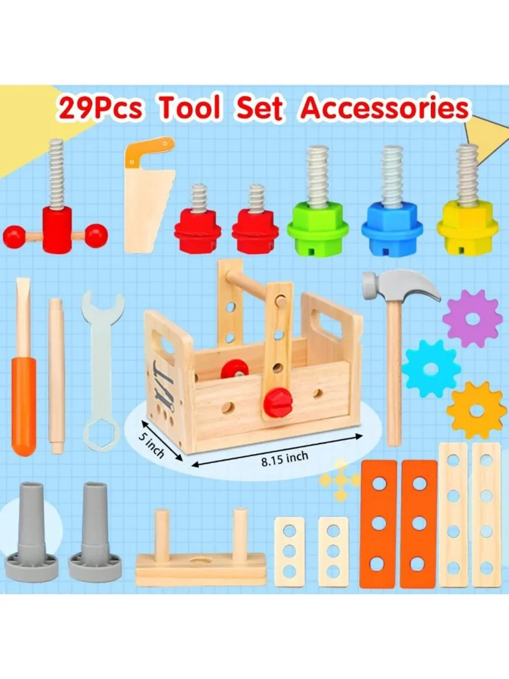 29-Piece Wooden Kids Tool Set with Toolbox | Montessori STEM Educational Toy for